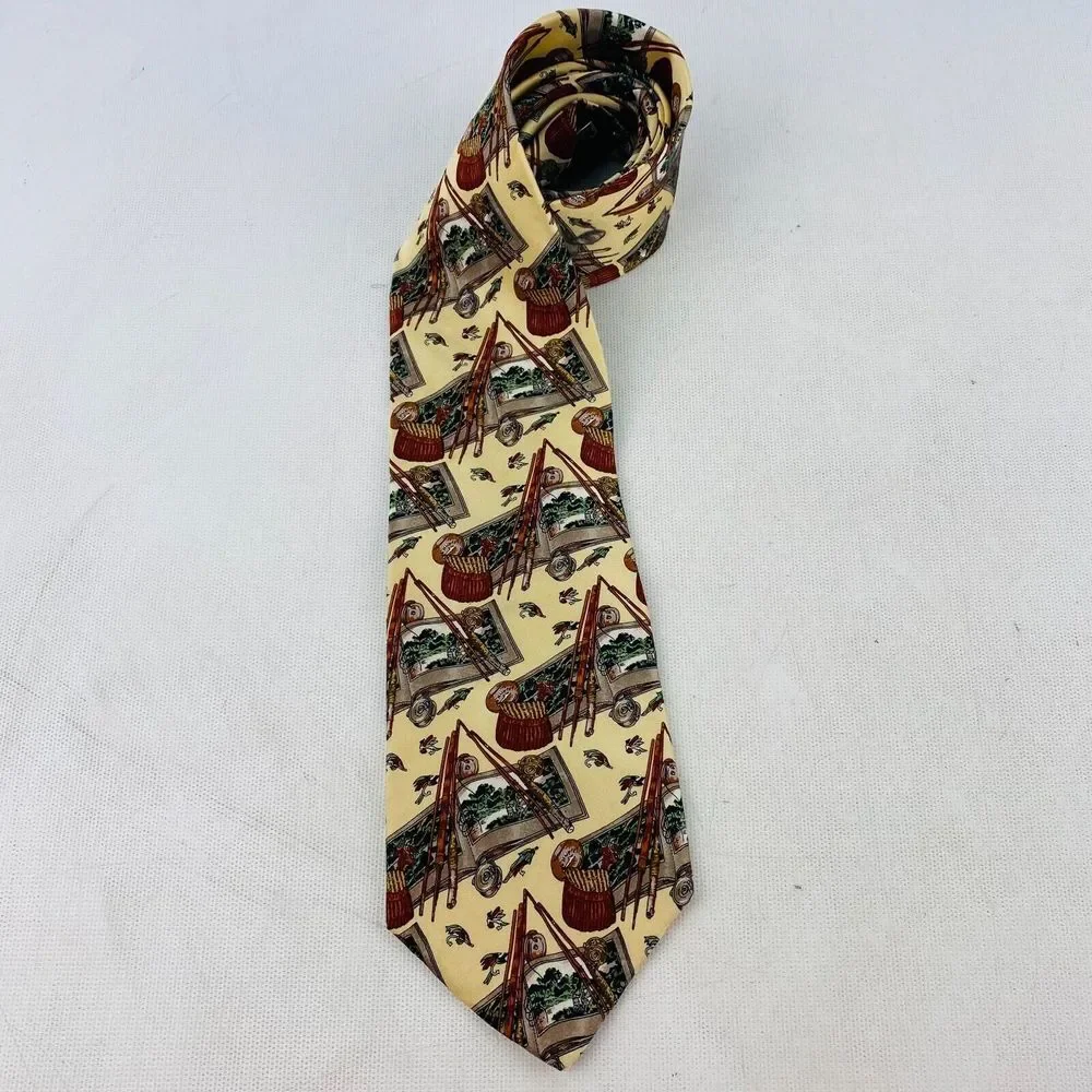 Museum Artifacts Fly Fishing Tie 100% Silk‎ Necktie Basket Rod Reel Lures